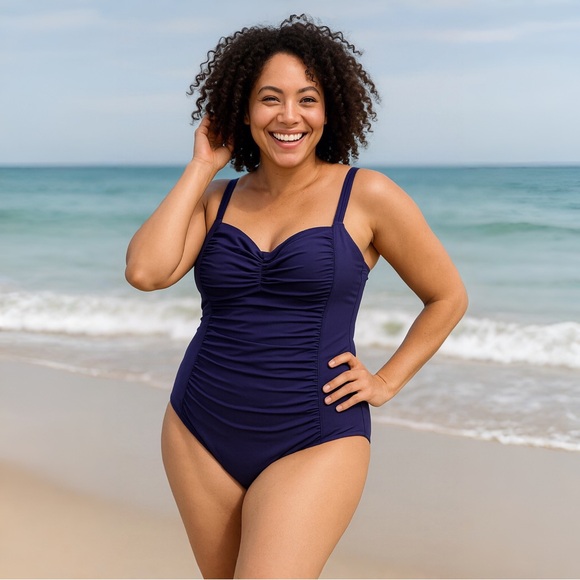 Trimshaper Ruched Purple One Piece Swimsuit 14 Slimming Adjustable Straps - Picture 2 of 10